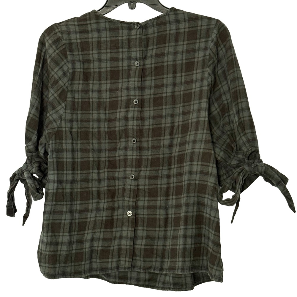 The Great Emerald Plaid Bow Sleeve Tie Button Back Top -‎ 0 / XSmall - Picture 3 of 7